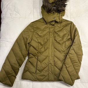 Nine West Olive Puffer Jacket with Faux Fur Hood